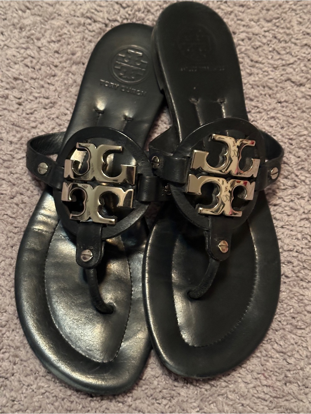 AUTHENTIC Tory Burch Black Leather Miller Logo Thong Sandals with SILVER  Emblem